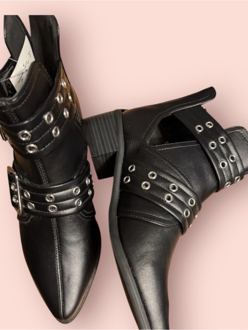 Black Grommet Strap Ankle Boots - Women